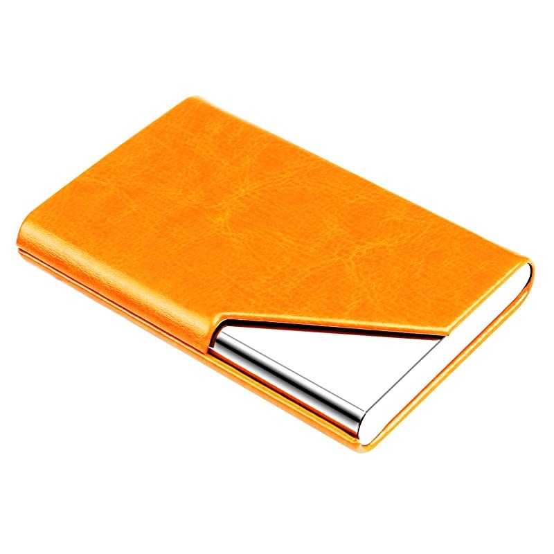Metal Business Card Holder Leather Business Card Case Slim Pocket Name Card Holder for Women and Men Magnetic Shut Hold Up to 25 Cards Orange SJ