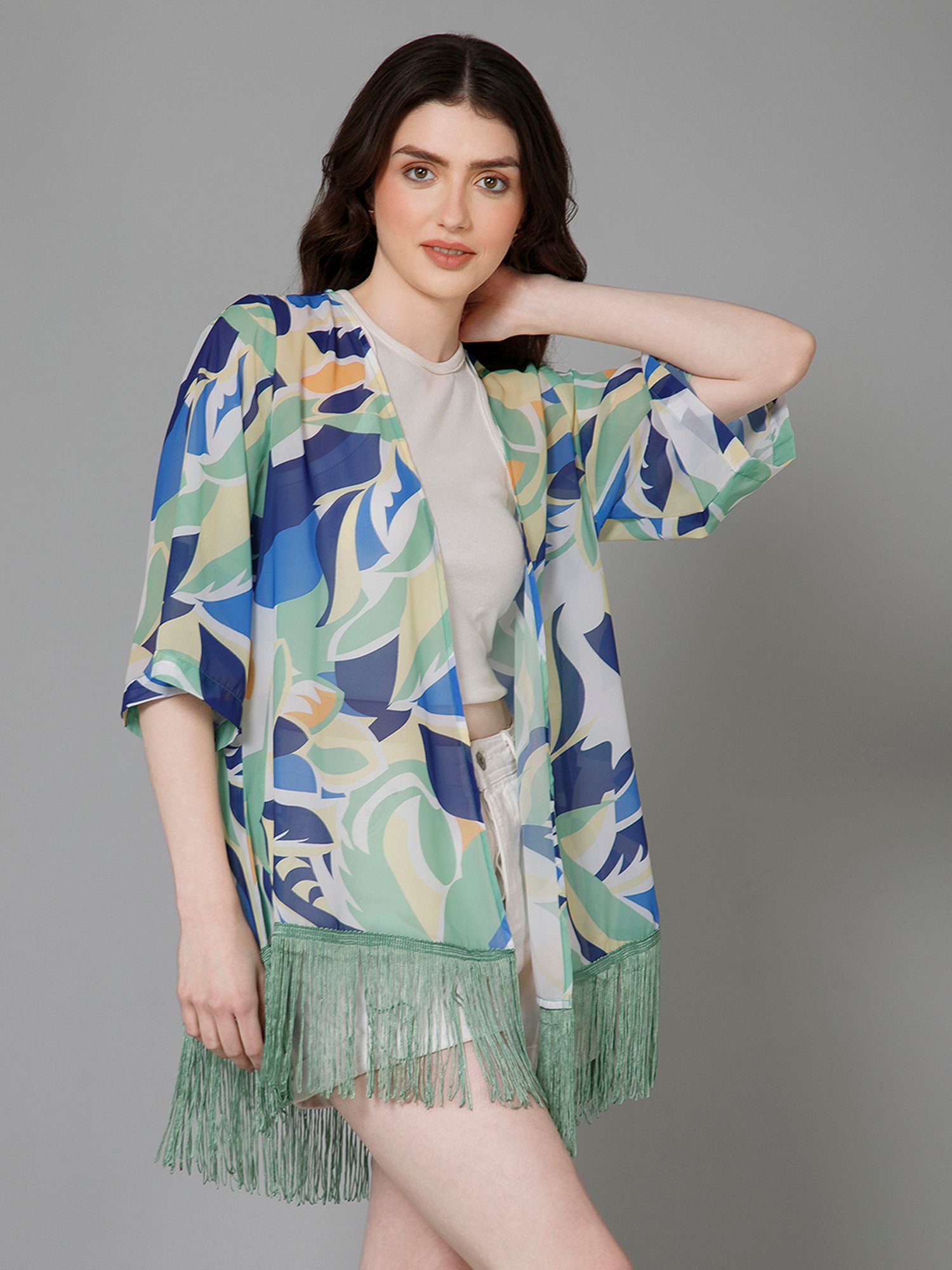 PURYS White & Green Printed Kimono