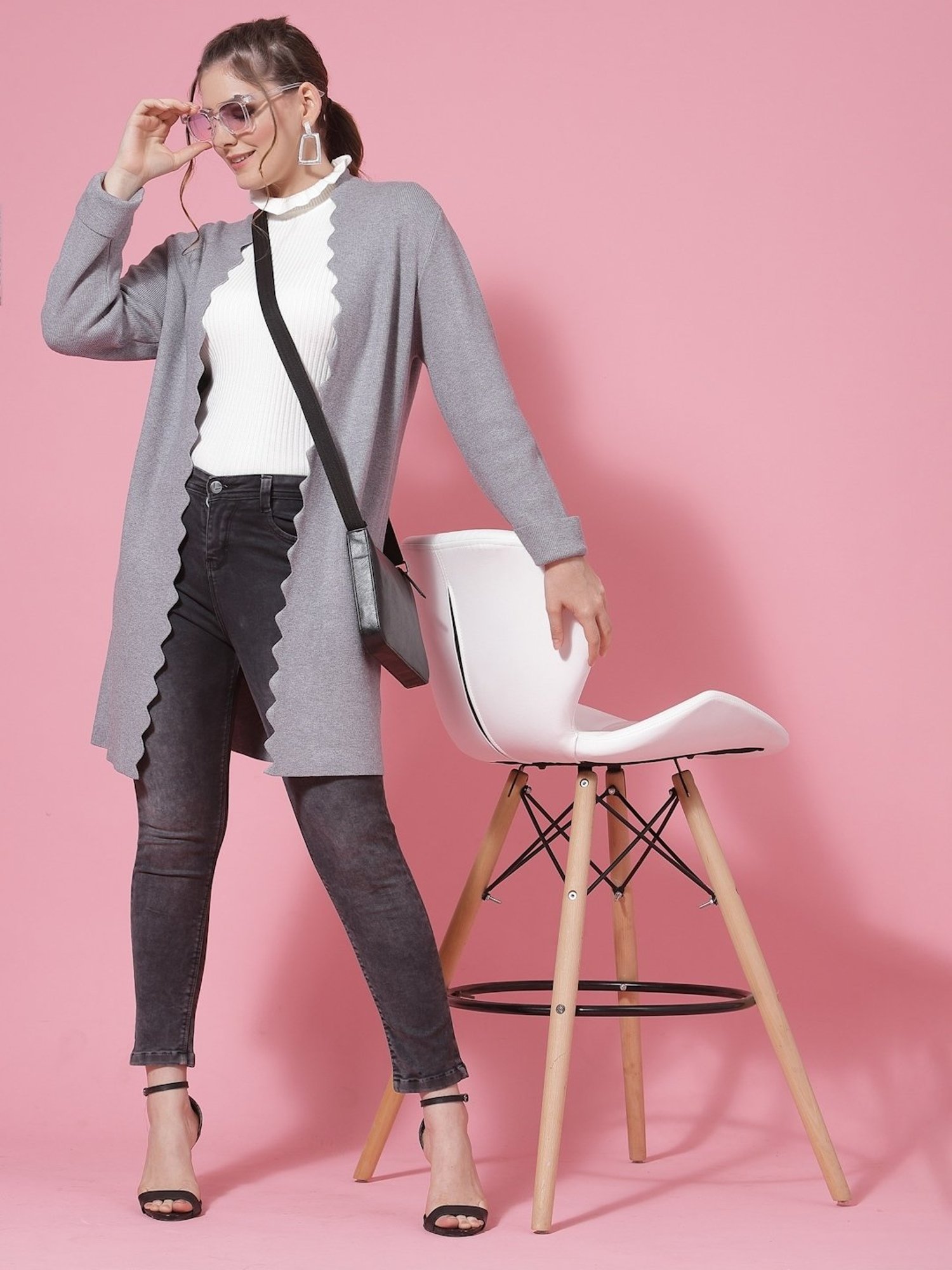 Mafadeny Grey Shawl Neck Shrug