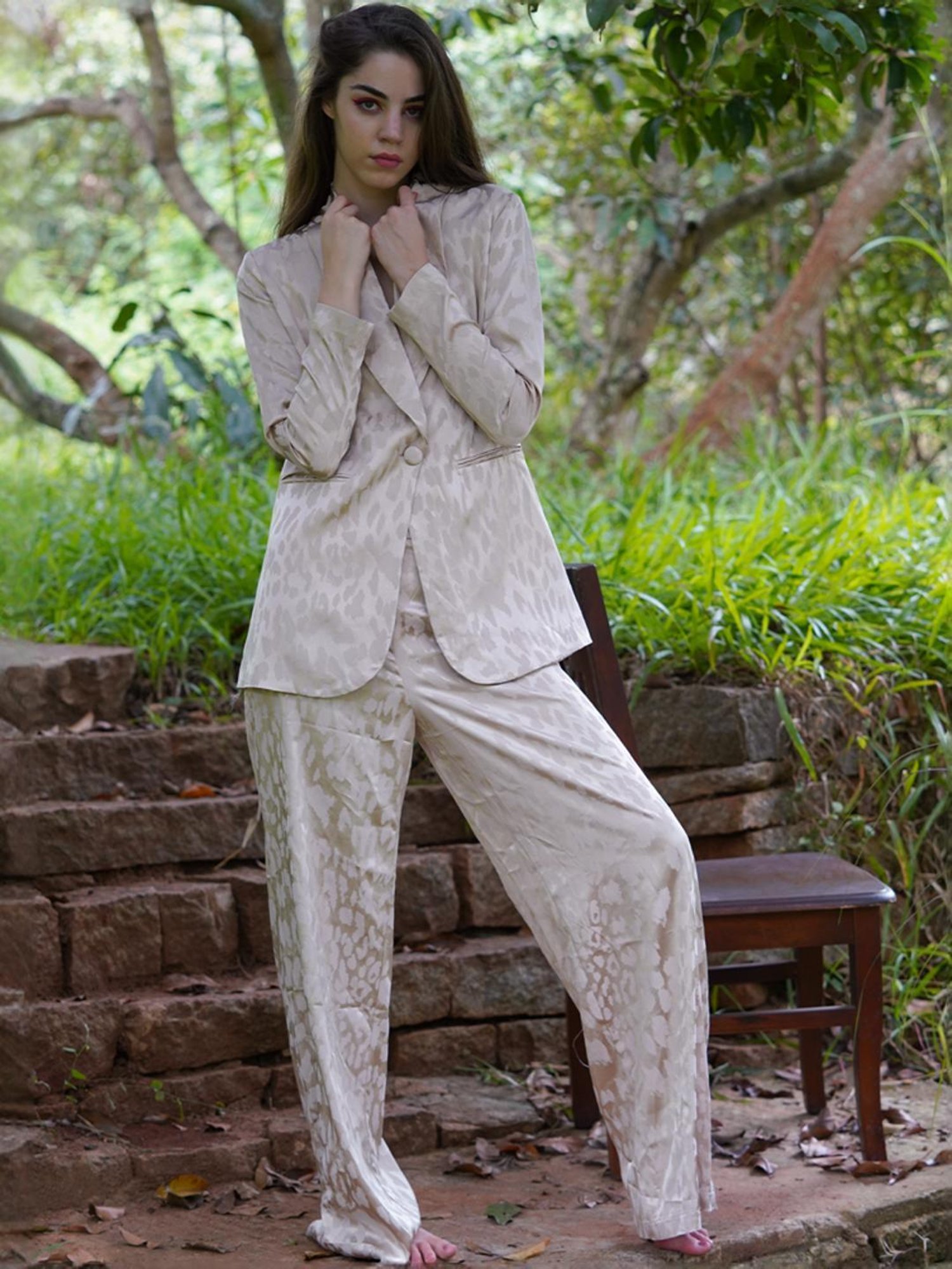 Odette Beige Printed Coat Pant Set