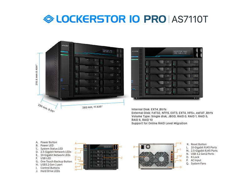 Asustor AS7110T | Lockerstor 10 Pro | Enterprise Network Attached Storage | 3.4GHz Quad-Core, One 10GbE Port, Three 2.5GbE Port, 8GB RAM DDR4 (10 Bay Diskless NAS)