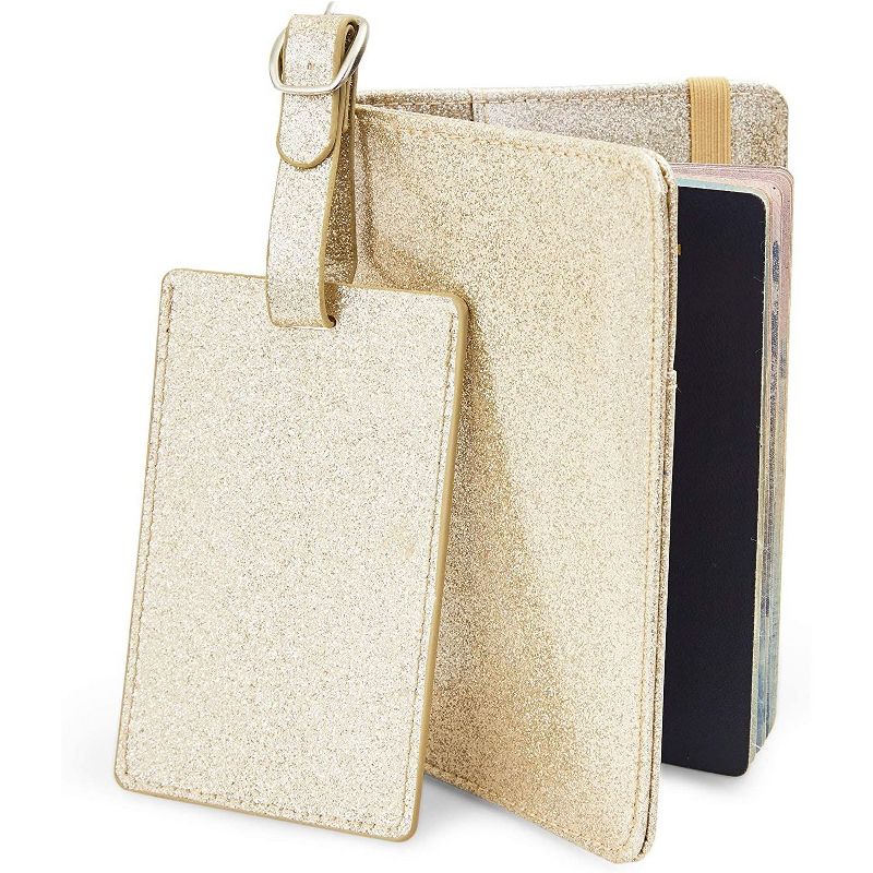 Juvale Passport Holder RFID Blocking Travel Wallet Case and Luggage Tag, PU Leather, Glitter Gold