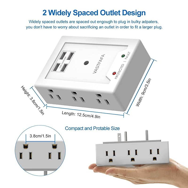 6 AC Outlets Surge ProtectorMulti Outlet Wall AdapterUSB Power Strip Extension Mountable Grounded Surge Protector Portable Outlet Extender for TV Computer Laptops Smartphone White