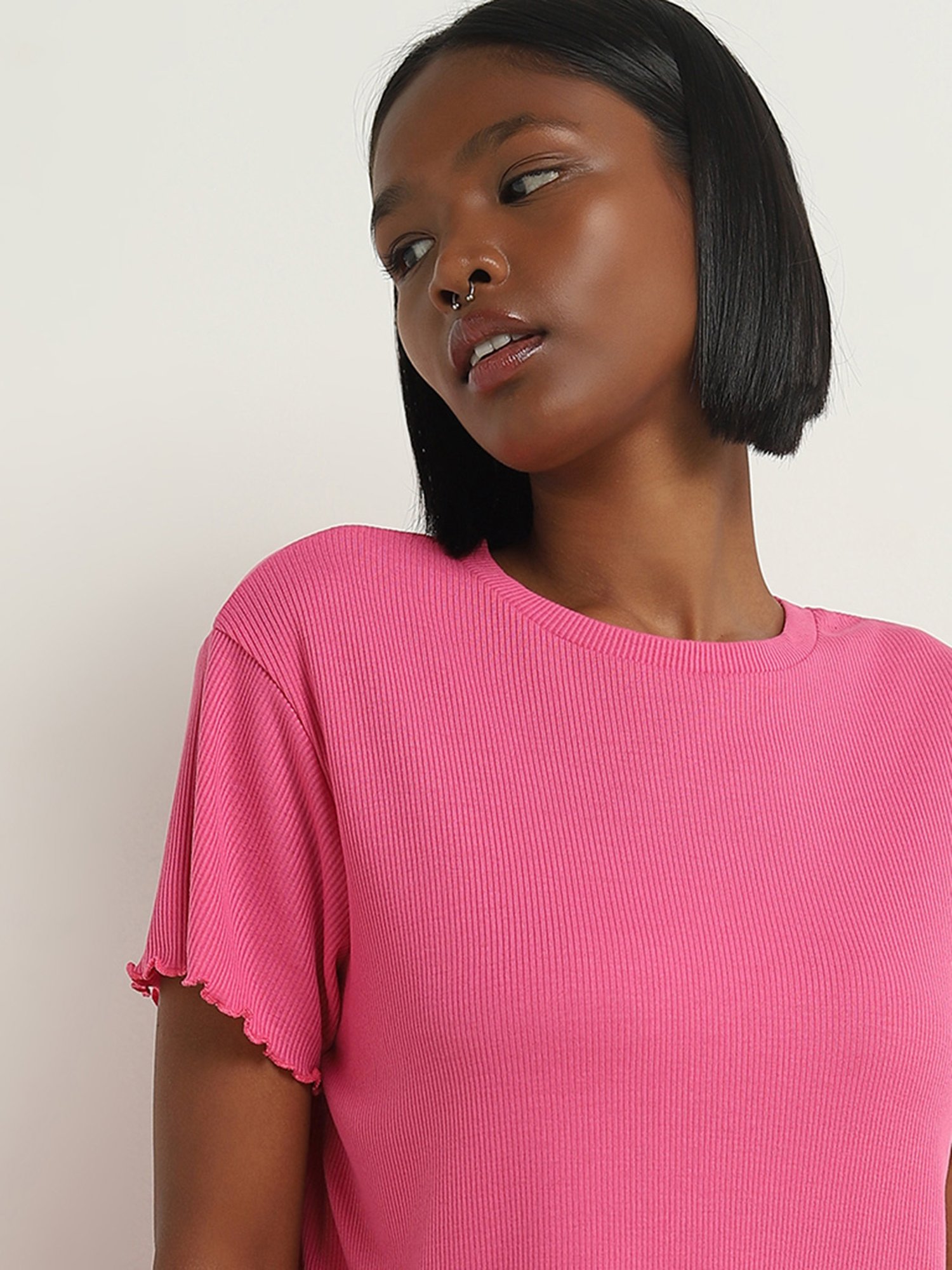 Superstar by Westside Pink Ribbed Textured T-Shirt