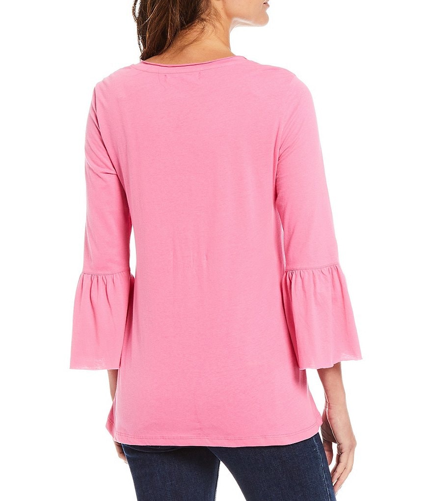 Calessa Knit Jersey Floral Embroidery 3/4 Bell Sleeve Shirt