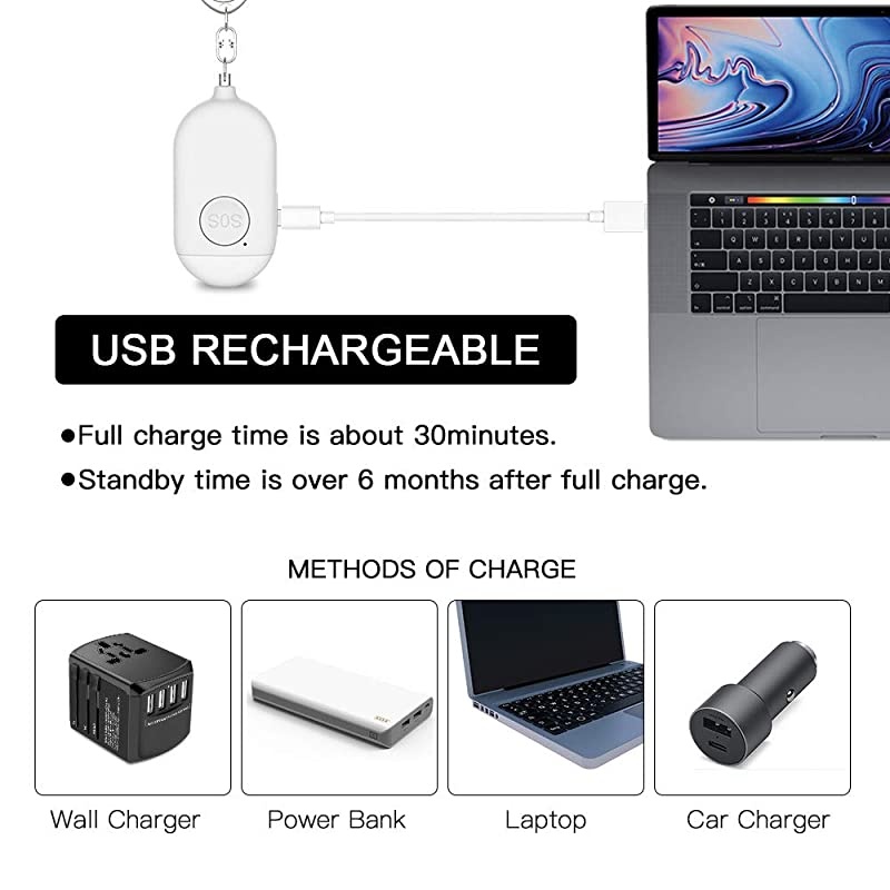 Security Alarm Keychain with LED Flashlight for Women and Seniors USB Chargable Safe Scream Alarm Emergency Self Defense Alarm Safety Alert for Girls Kids and Men2 Pack