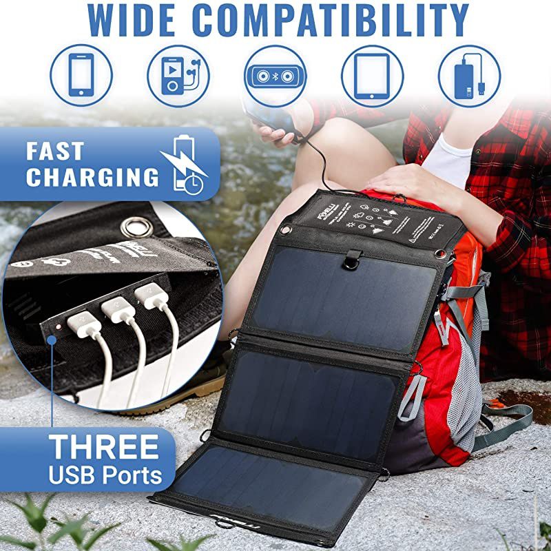 Triple USB Solar Charger 21W Portable Solar Panel Phone Charger for iPhone amp Android Smartphones iPads Android Tablets Power Banks amp More Foldable Solar Panel for Camping amp Outdoors