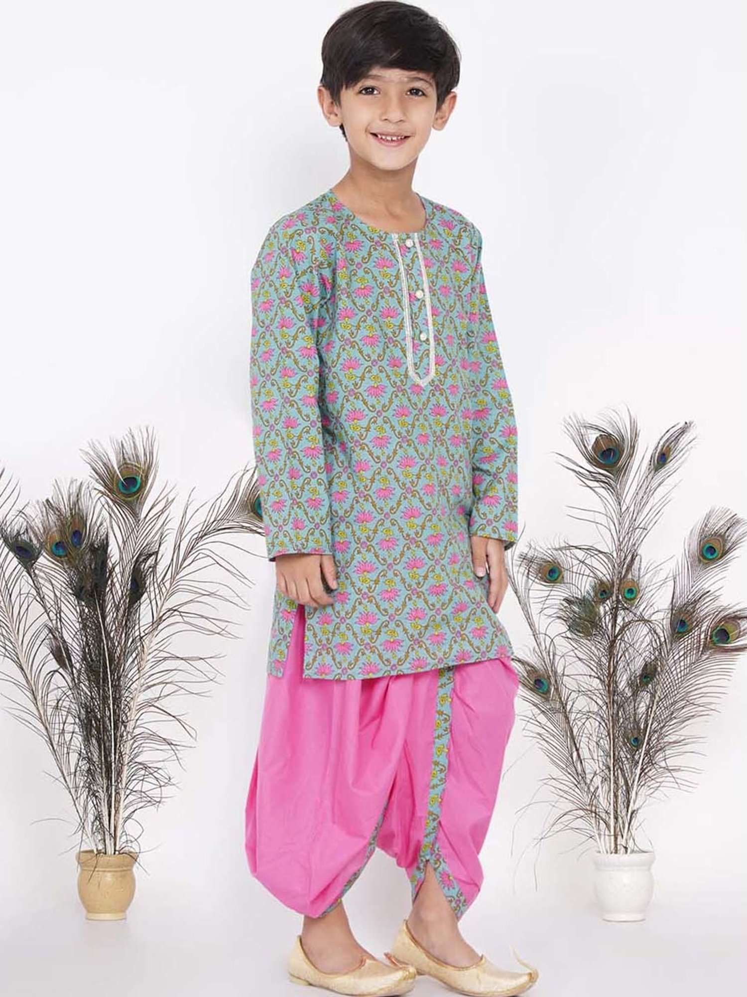 Little Bansi Kids Green & Pink Cotton Floral Print Kurta Set