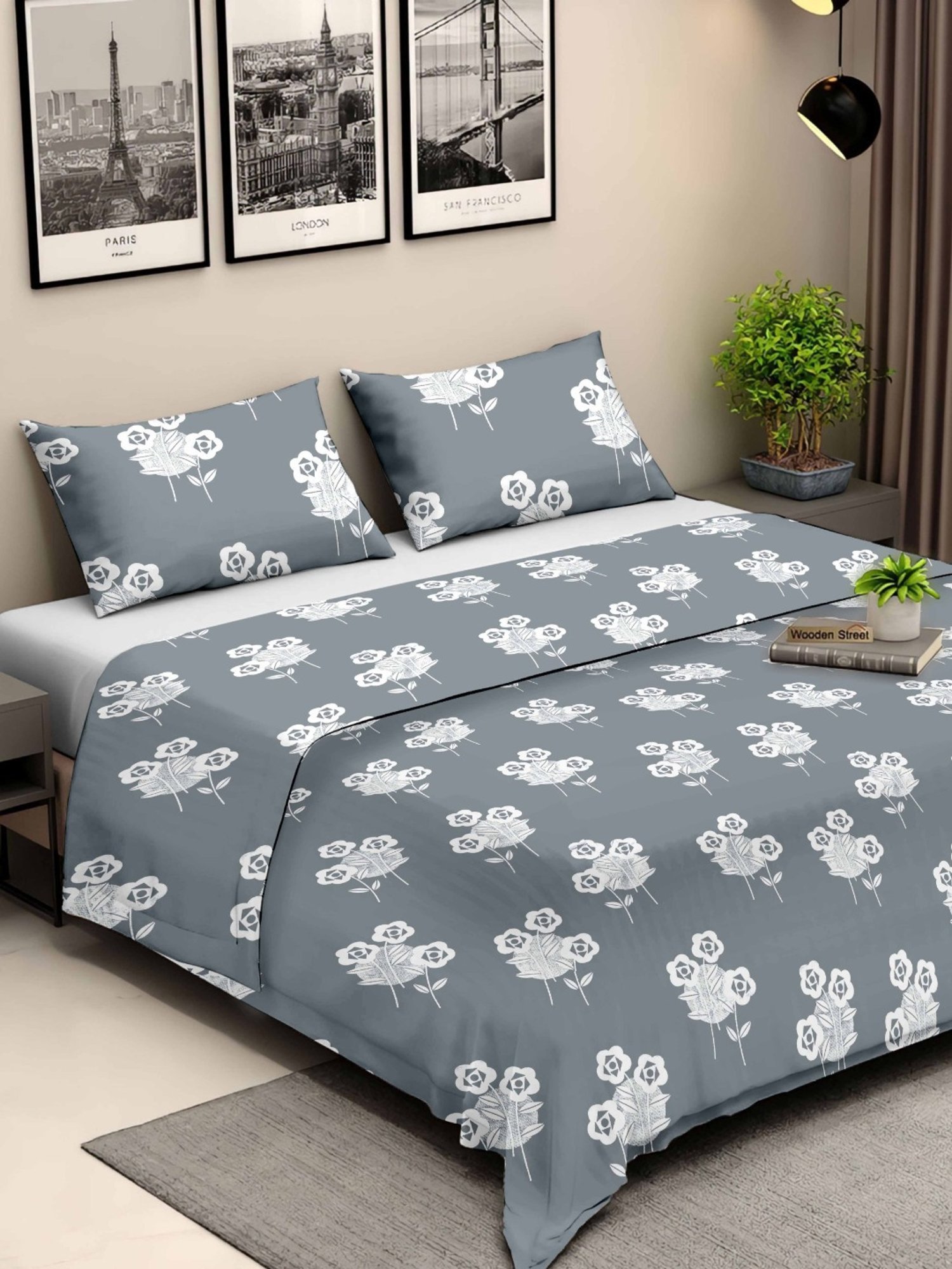 Ariana Rome Floral Grey 210 TC Cotton Super king Bedsheet with 2 Pillow Covers