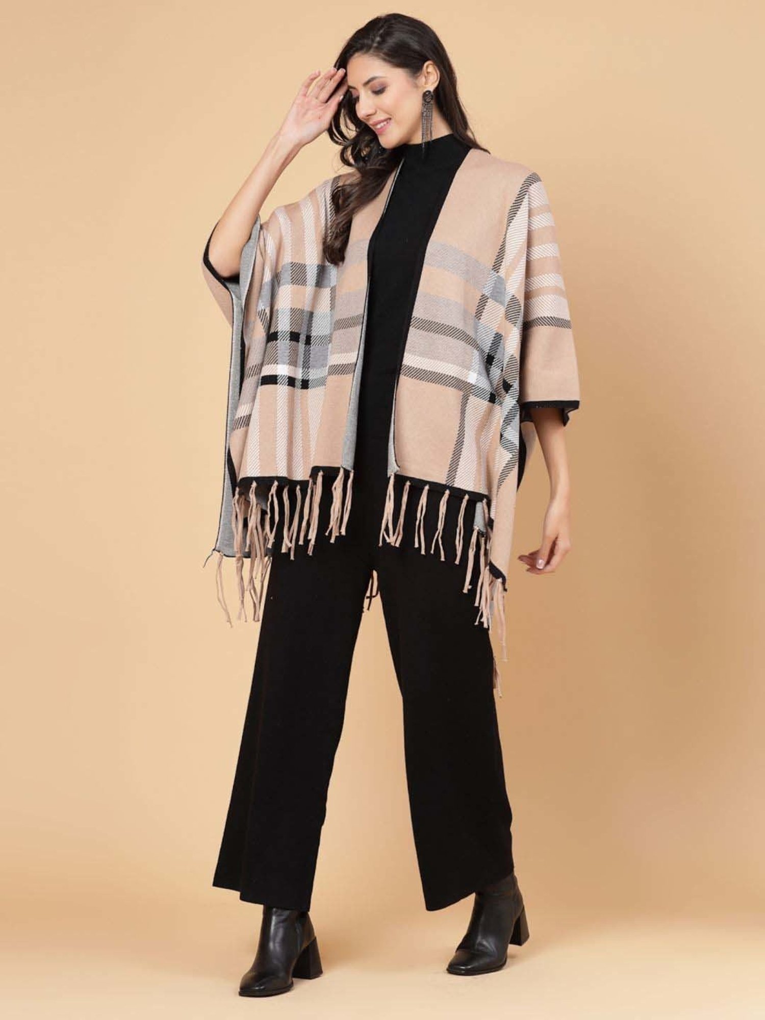 Mafadeny Khaki & Black Printed Top Pants Set With Shrug