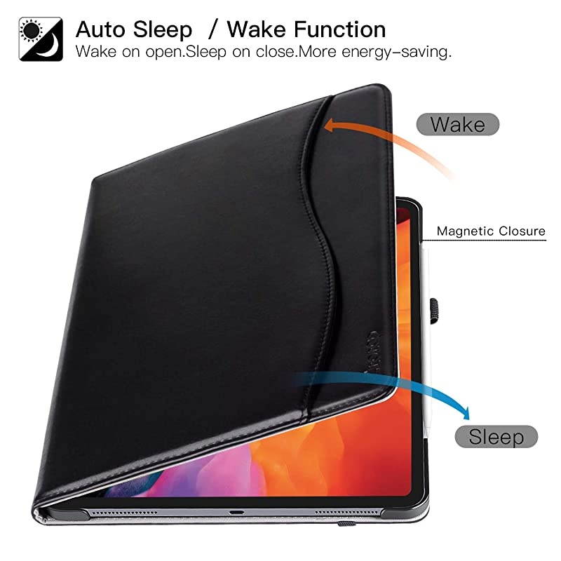 for New iPad Pro 12.9 Case 2020, Leather Folio Stand Case Smart Cover with Auto Sleep/Wake Strap Pocket Supports iPad Pencil Charging for 2020 iPad Pro 12.9 Inch 4th Generation - Black