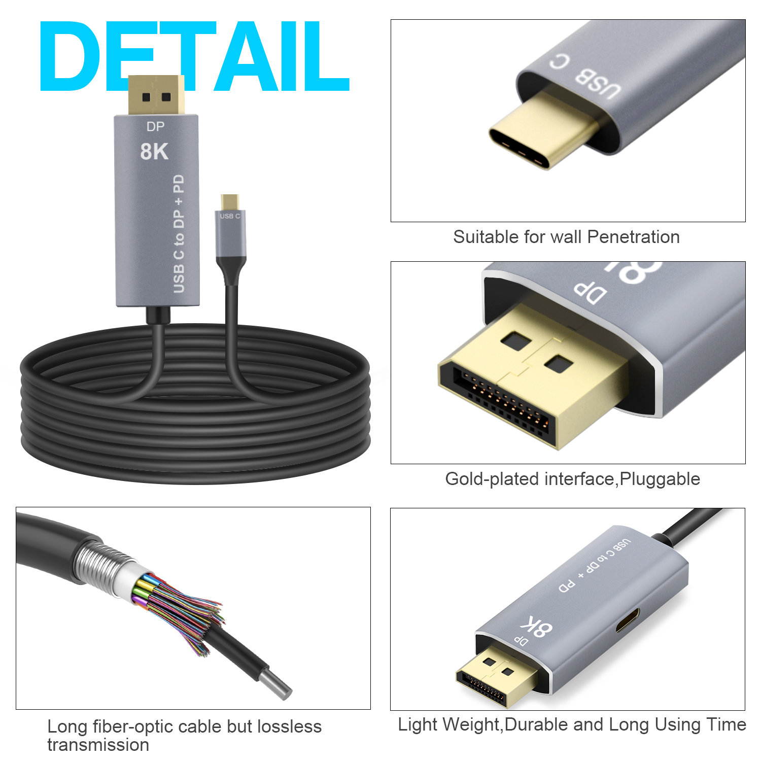 CableDeconn USB C to DisplayPort 1.4 8K Cable with USB-C PD 8K@60Hz 4K@144Hz Converter Thunderbolt 3 to DisplayPort Adapter Compatible with New MacBook Pro 2019 2020 DELL XPS 2m 6.6ft