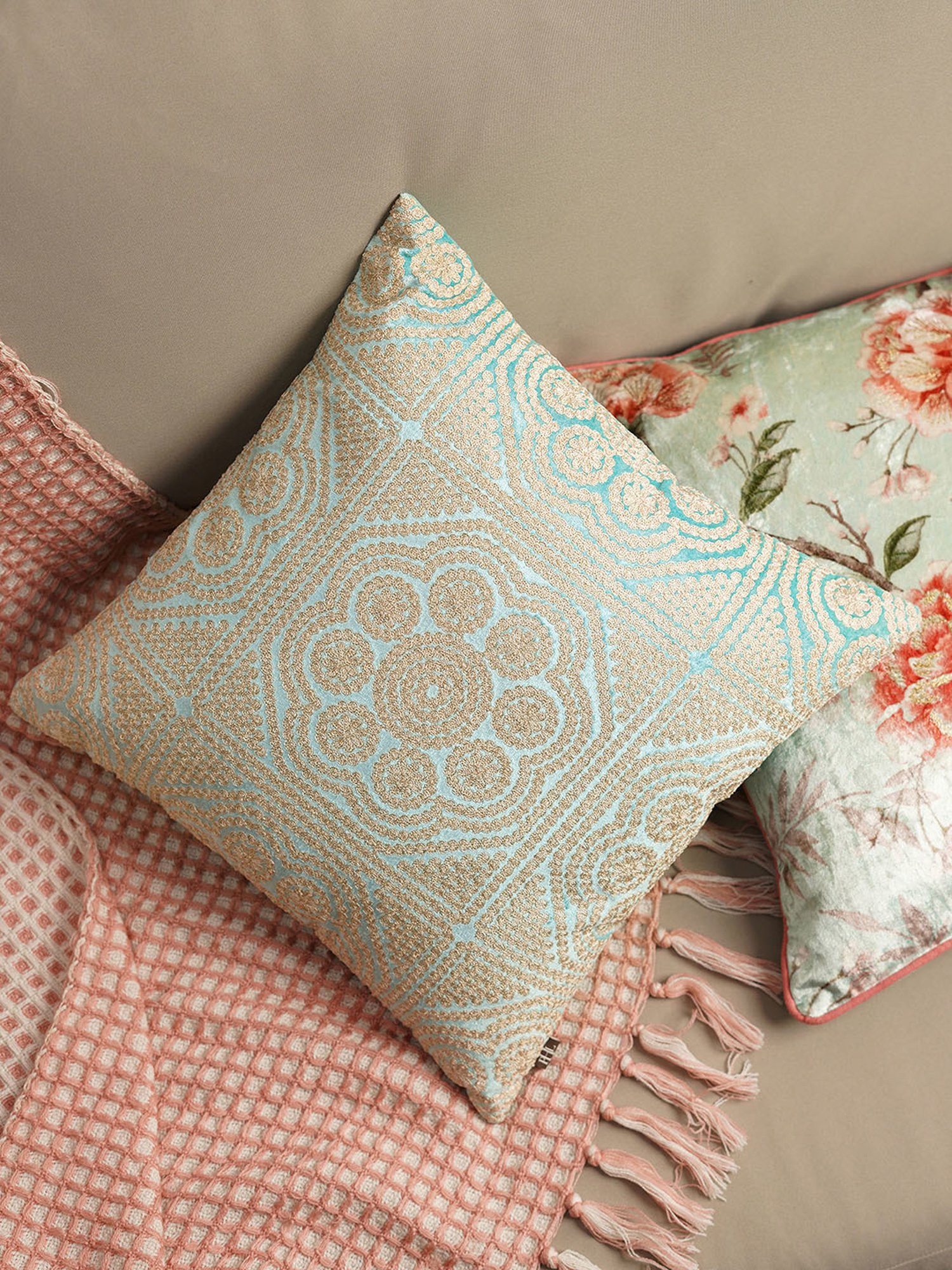 Pure Home and Living Blue Cotton Embroidery Cushion Cover