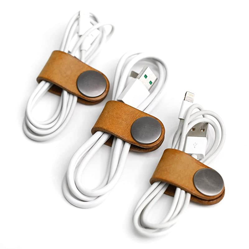 Genuine Leather Headphone Earphone Organizer Cord Organizer Wrap Winder Cord Manager Cable WinderSet of 2 Yellow