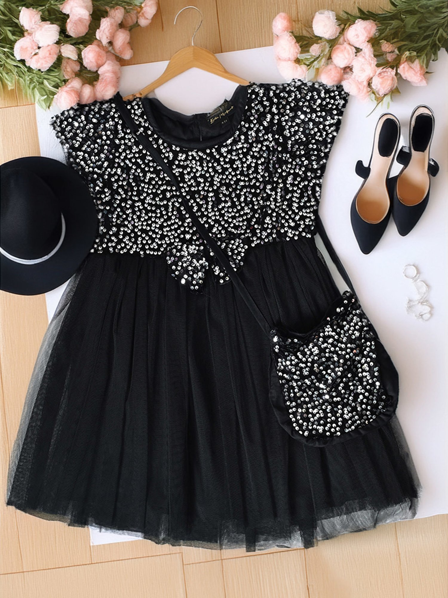 Bella Moda Girls Black & Silver Embellished Dress with Sling Bag