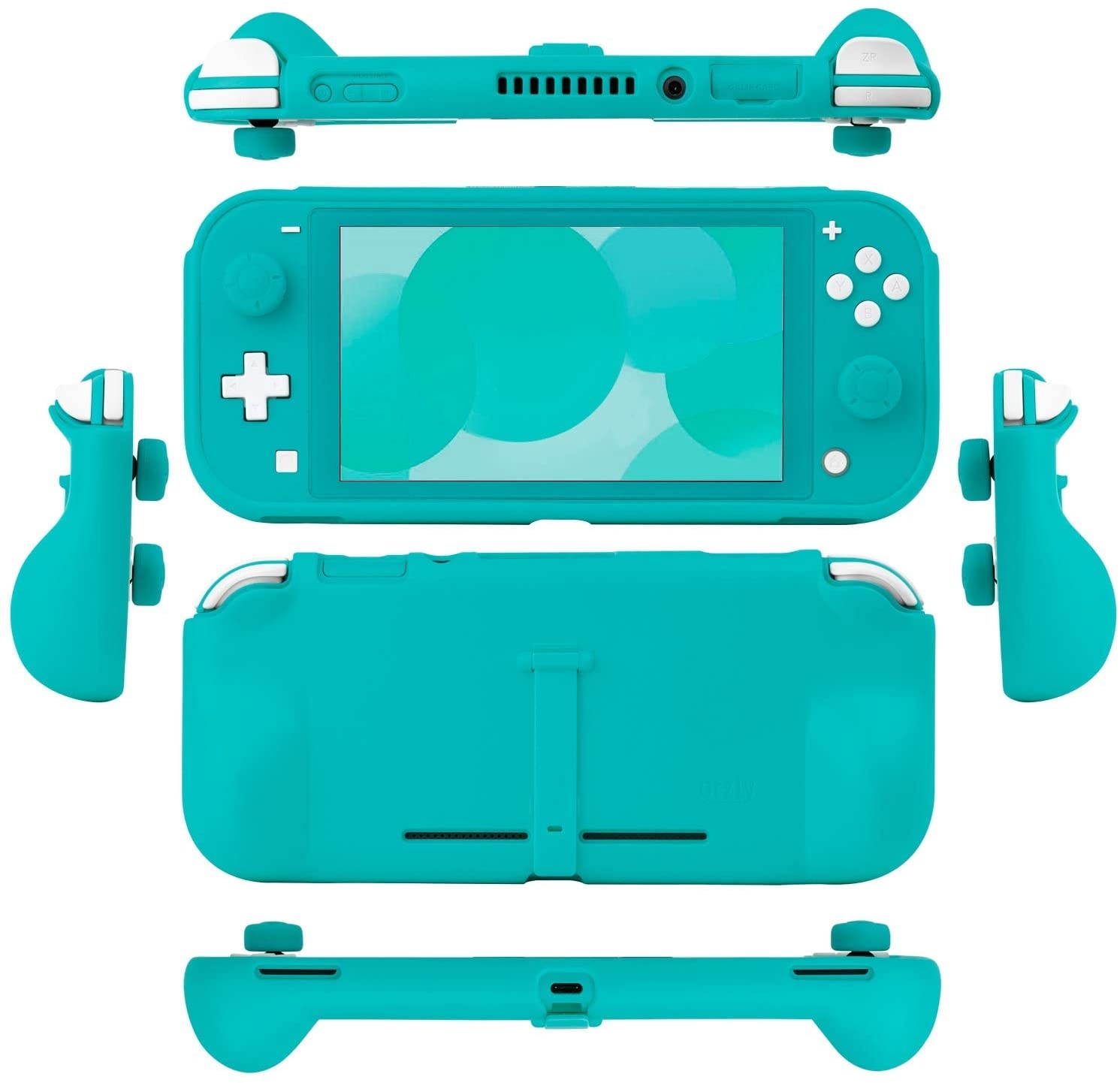 Orzly Grip Case for Nintendo Switch Lite &ndash; Case with Comfort Padded Hand Grips, Kickstand, Pack of Thumb Grips - Turquoise Blue