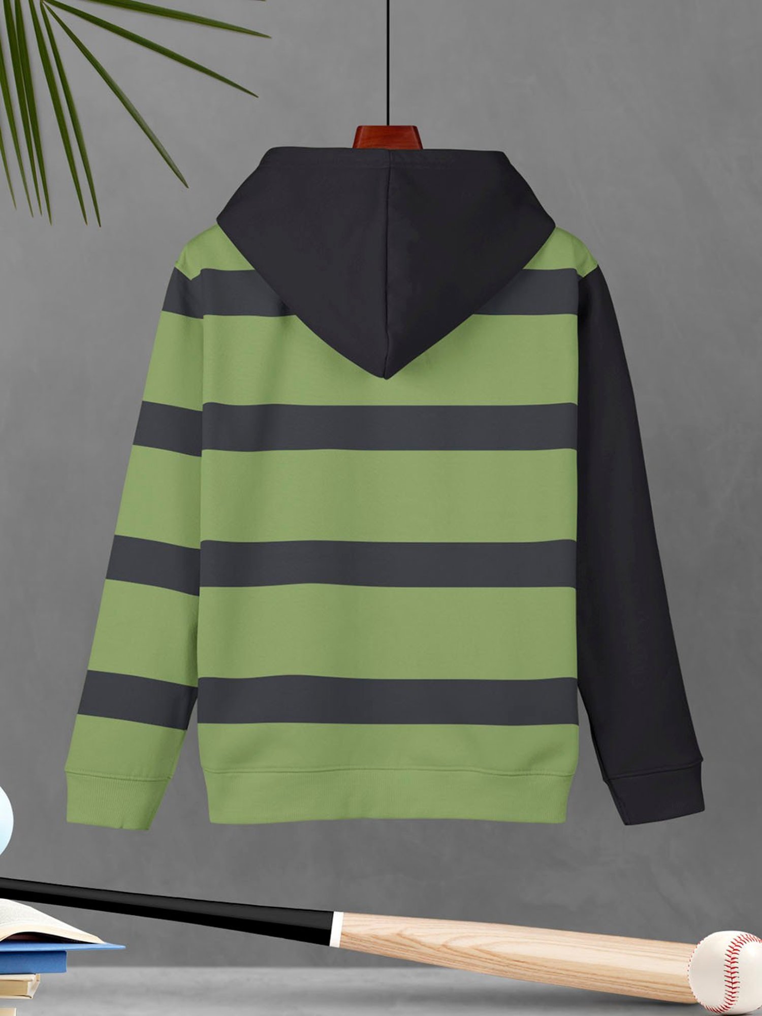HELLCAT Kids Green & Grey Striped Full Sleeves Sweatshirt