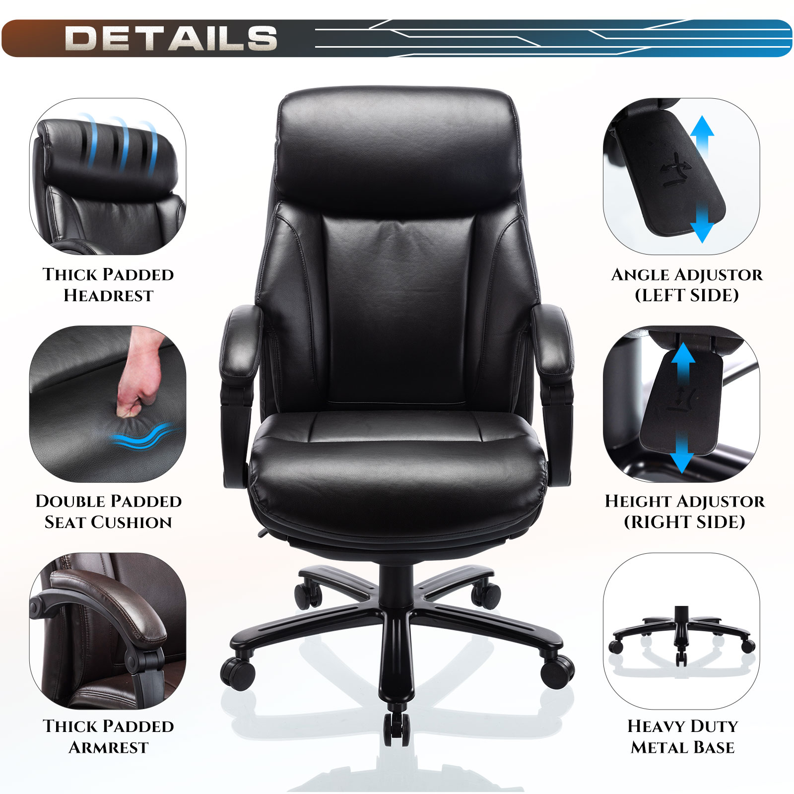 High Back Big & Tall 400lb Ergonomic Bonded Leather Office Chair - Executive Desk Computer Swivel Chair - Heavy Duty Metal Base, Adjustable Tilt Angle with Lumbar Support