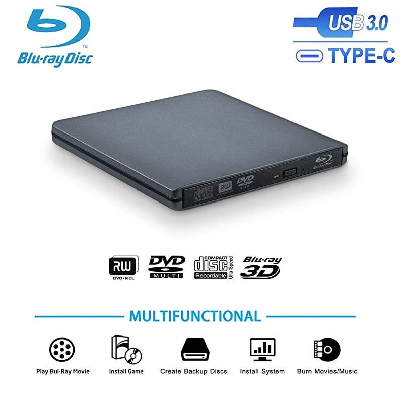 External BluRay Writer Drive USB30 and TypeC Portable BluRay Burner 100GB 128GB BD DVD Disc 3D 6x Slim Reader Player Grey
