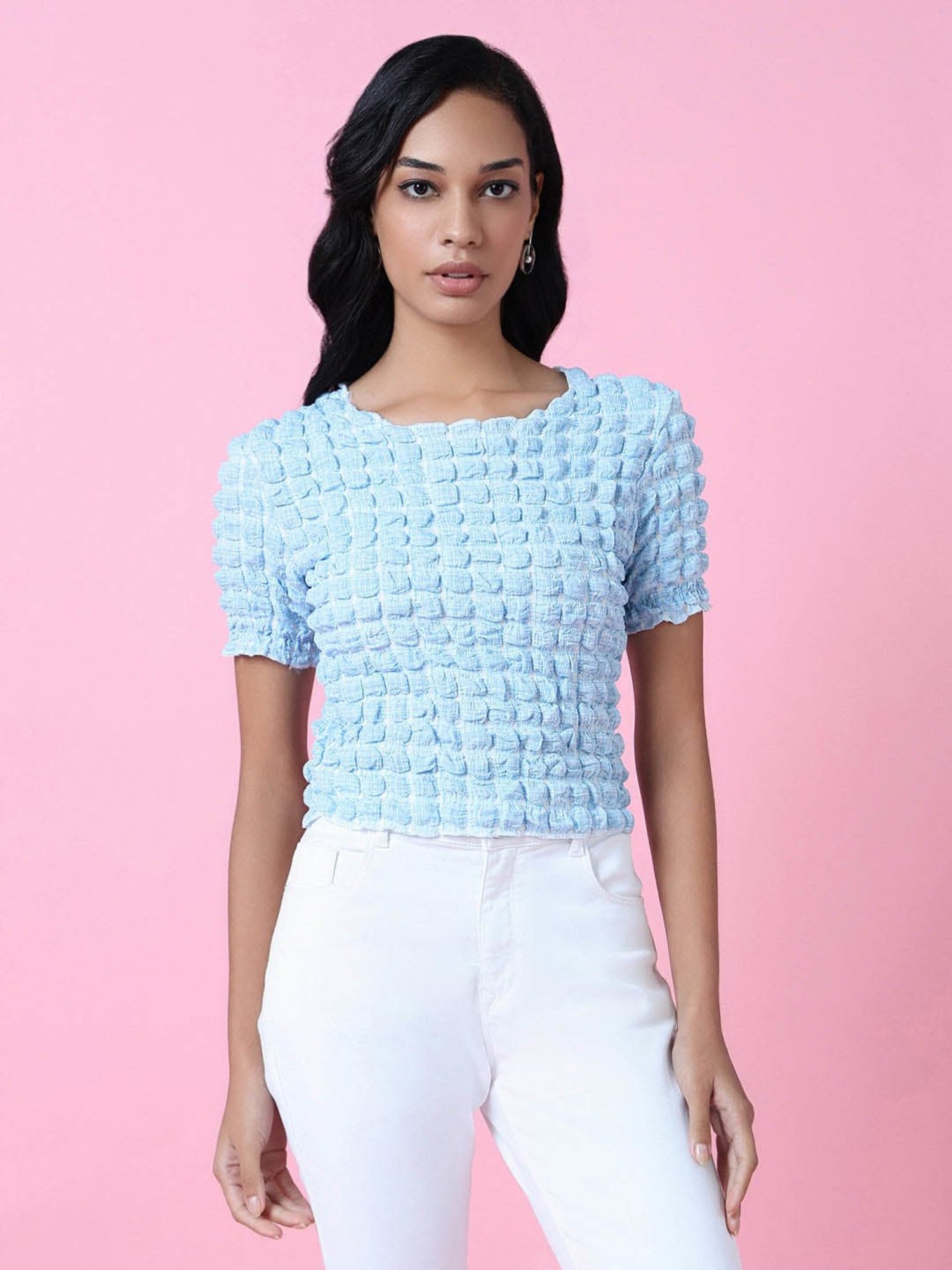 SHOWOFF Blue Textured Crop Top