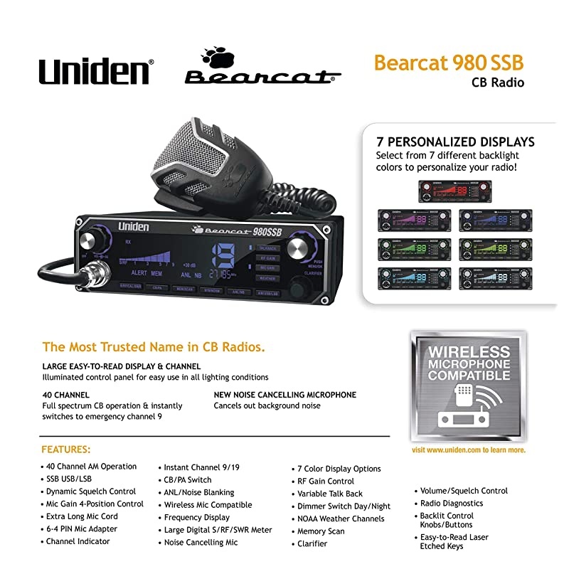 BEARCAT 980 40 Channel SSB CB Radio with Sideband NOAA WeatherBand7 Color Digital Display PACB Switch and Noise Cancelling Mic Wireless Mic Compatible
