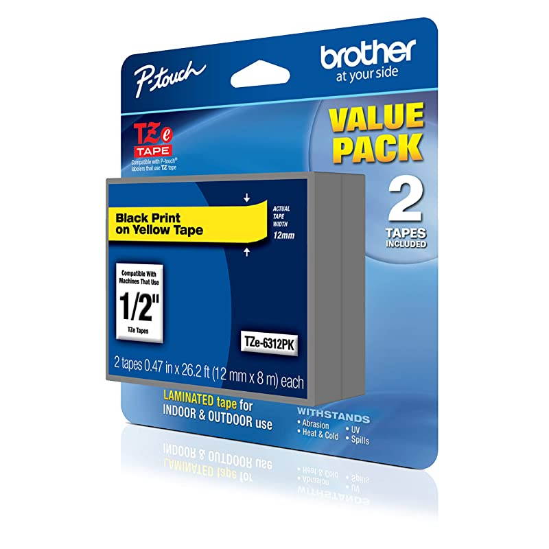 Genuine PTouch TZe6312Pk Tape 12mm 2Pack Laminated PTouch Tape Black On Yellow Perfect for Indoor Or Outdoor Use Water Resistant 262 Ft 8M