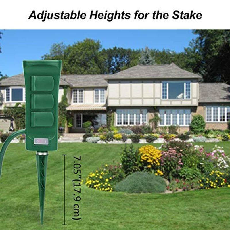 BESTTEN Outdoor Power Stake with 6 Outlets and 9 Foot Extension Cord, Heavy Duty Power Strip with Overload Protection Switch and Weatherproof Protective Covers, ETL Listed, Green