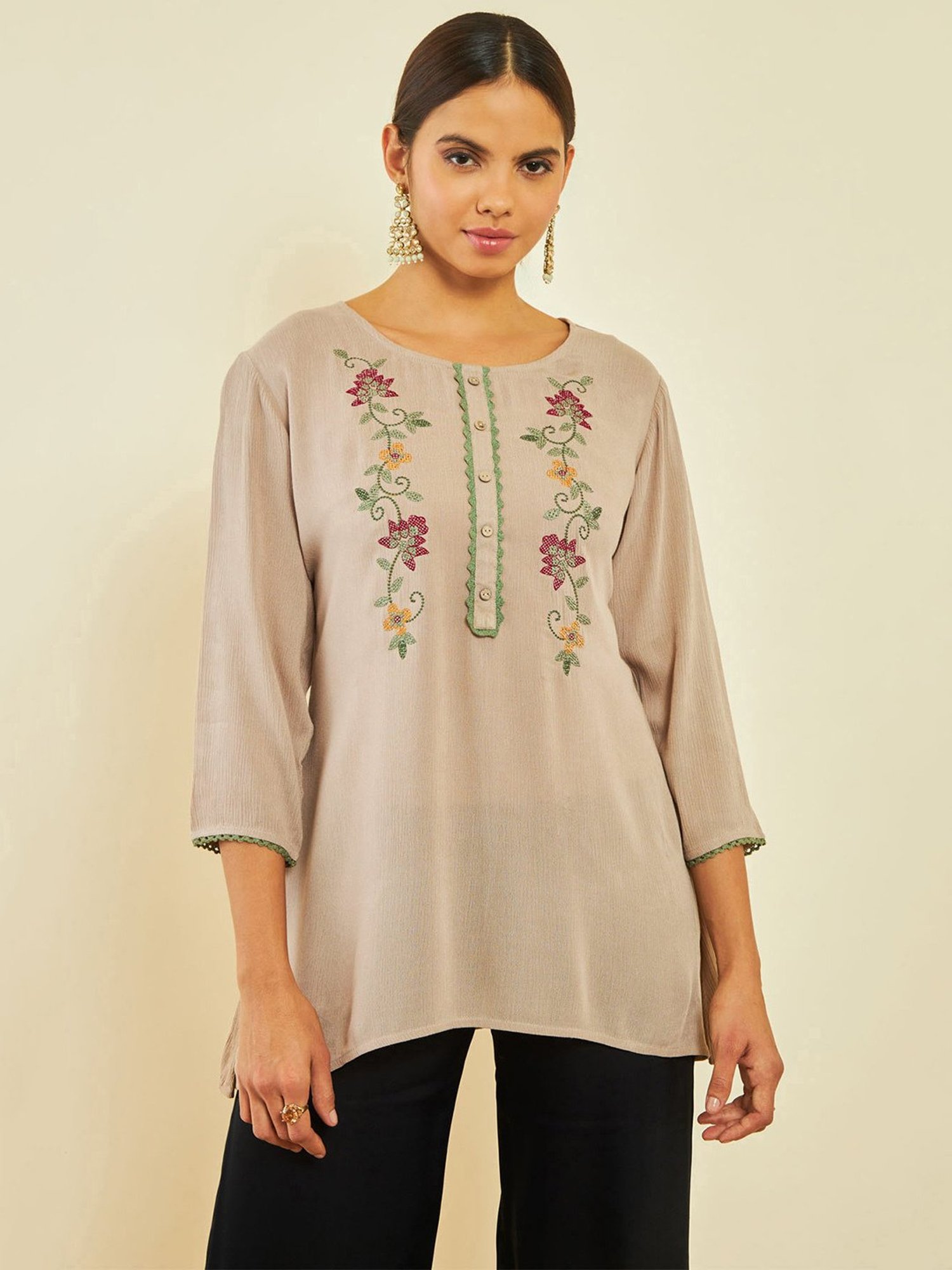Soch Beige Crepe Floral Threadwork Embroidered Round-Neck Tunic