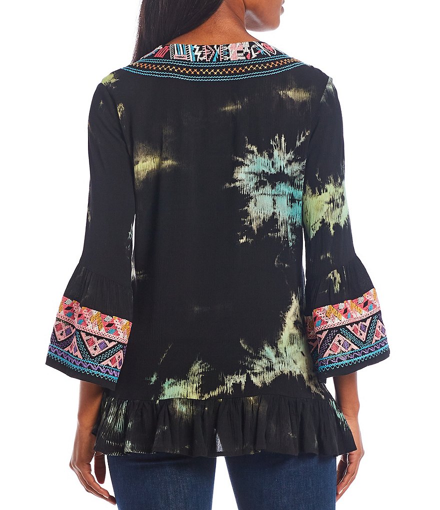 Calessa 3/4 Bell Sleeve Tie Dye Split Round Neck Embroidery Tunic