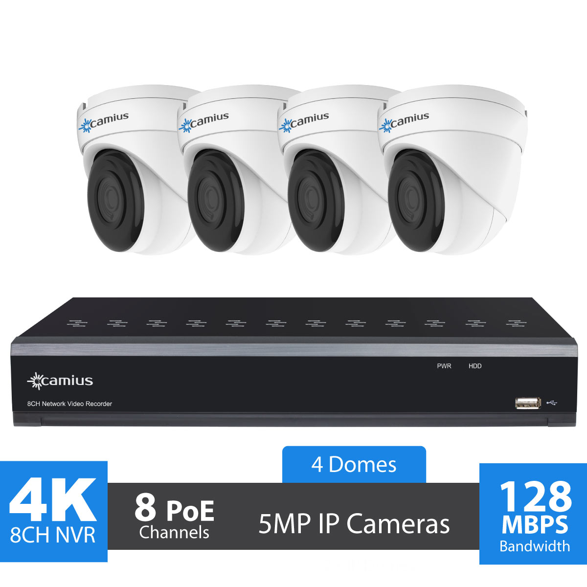Camius 4K 8 Channel NVR Security System with 4 Wired Audio Video PoE Dome IP Cameras, wide angle, Night Vision, PC, Mac Software, Browser, Phone App (sold without a hard drive) 8P4I