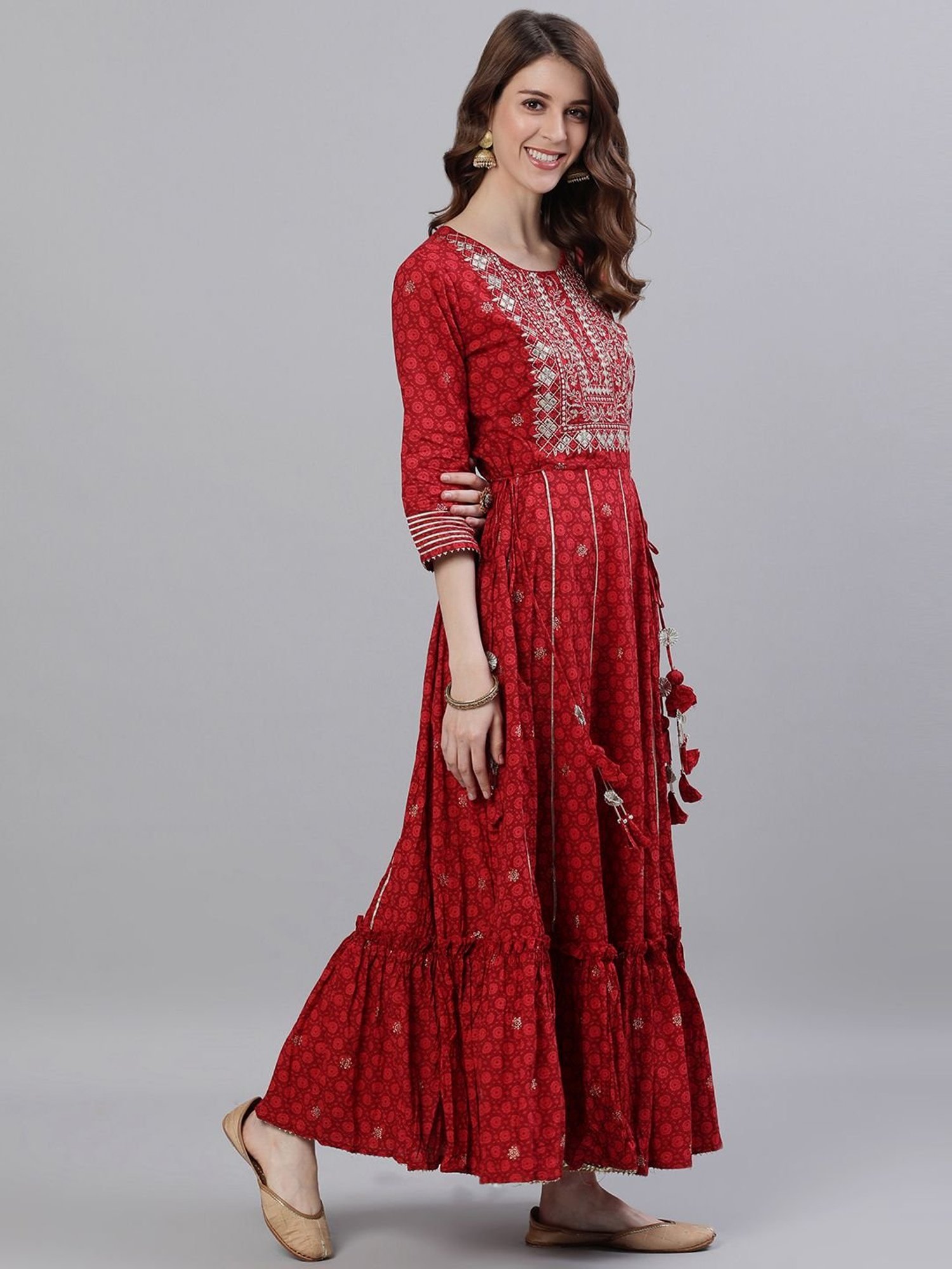 Ishin Maroon Cotton Embellished Anarkali Kurta