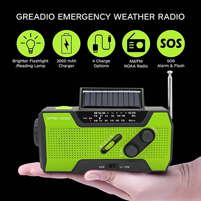 Weather Solar Crank AM/FM NOAA Radio with Portable 2000mAh Power Bank, Bright Flashlight and Reading Lamp for Household and Outdoor Survival (Green)