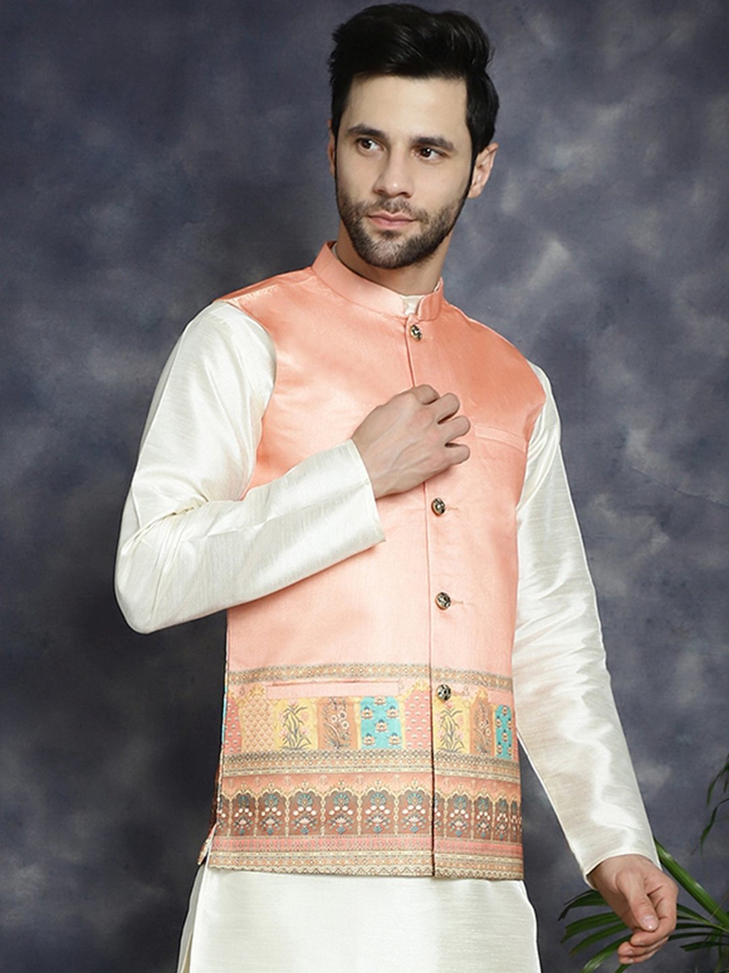 Jompers Peach Regular Fit Printed Nehru Jacket