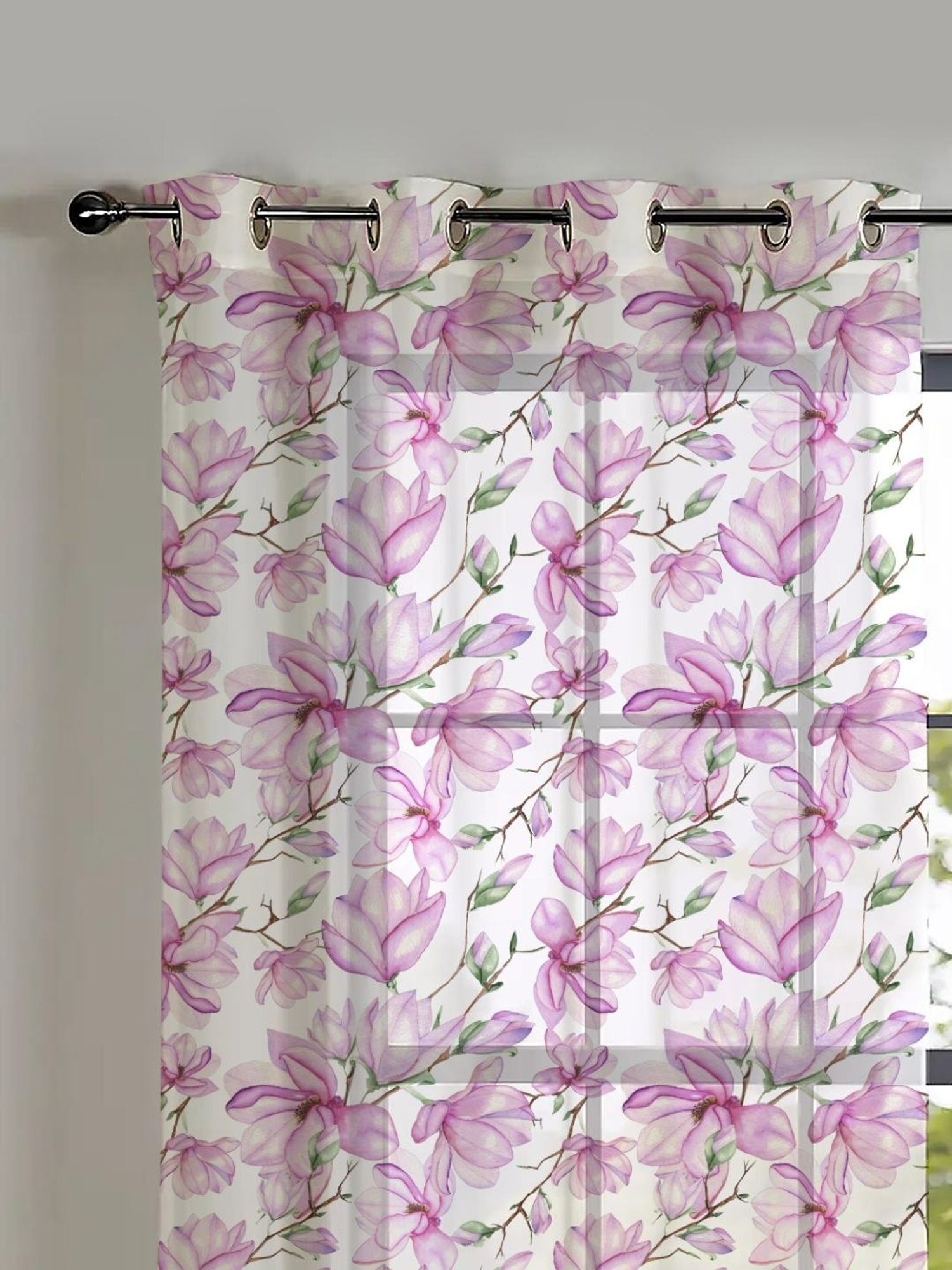 SPACES DRAPE STORY Elegent Floral Pink & White Polyester 5 ft Window Curtains - Set of 2