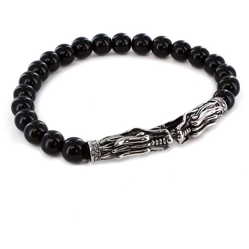 Men's Crucible Stainless Steel Onyx Antiqued Finish Dragon Beaded Stretch Bracelet (8mm) - Black/Silver (8.5")