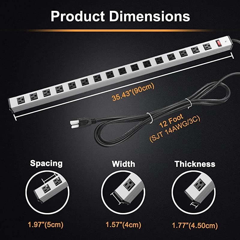WideSpaced 16Outlet Metal Surge Protector Power Strip with 12ft Long Extension Cord 450 Joules 15A Switch with Circuit Breaker Silver
