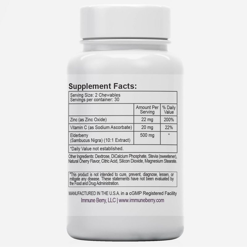 Immune Berry 500mg Elderberry, 22mg Zinc and Vitamin C Chewables - 60ct