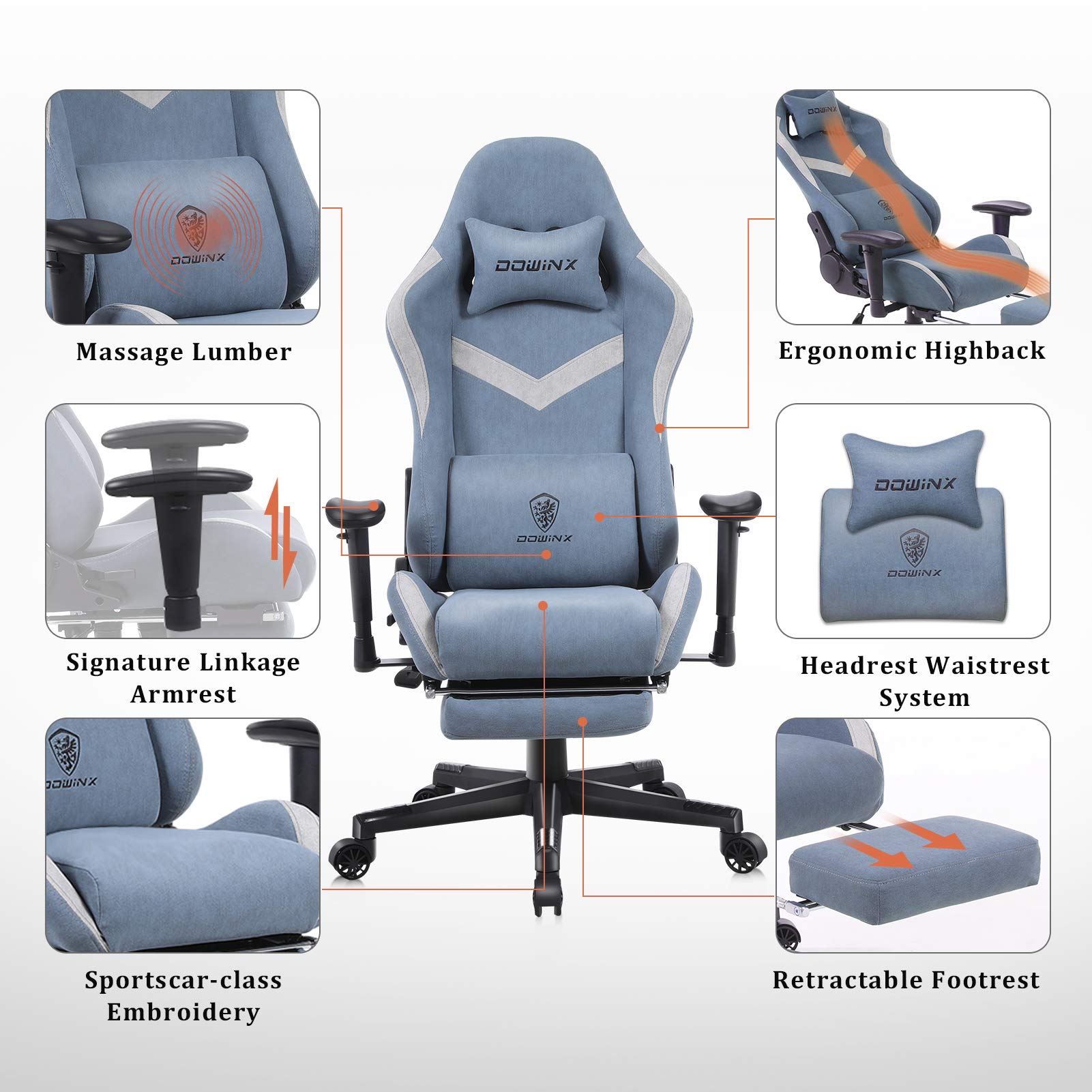 Dowinx Gaming Chair Breathable Fabric Office Chair with Massage Lumbar Support, High Back Ergonomic Comouter Chair Adjustable Swivel Task Chair with Footrest (Blue)