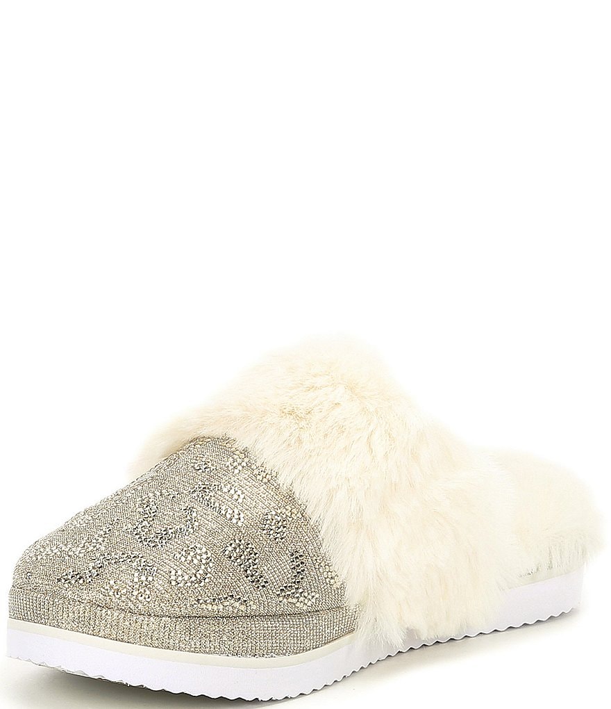 Gianni Bini Comfiee Leopard Print Rhinestone Embellished Faux Fur Slippers