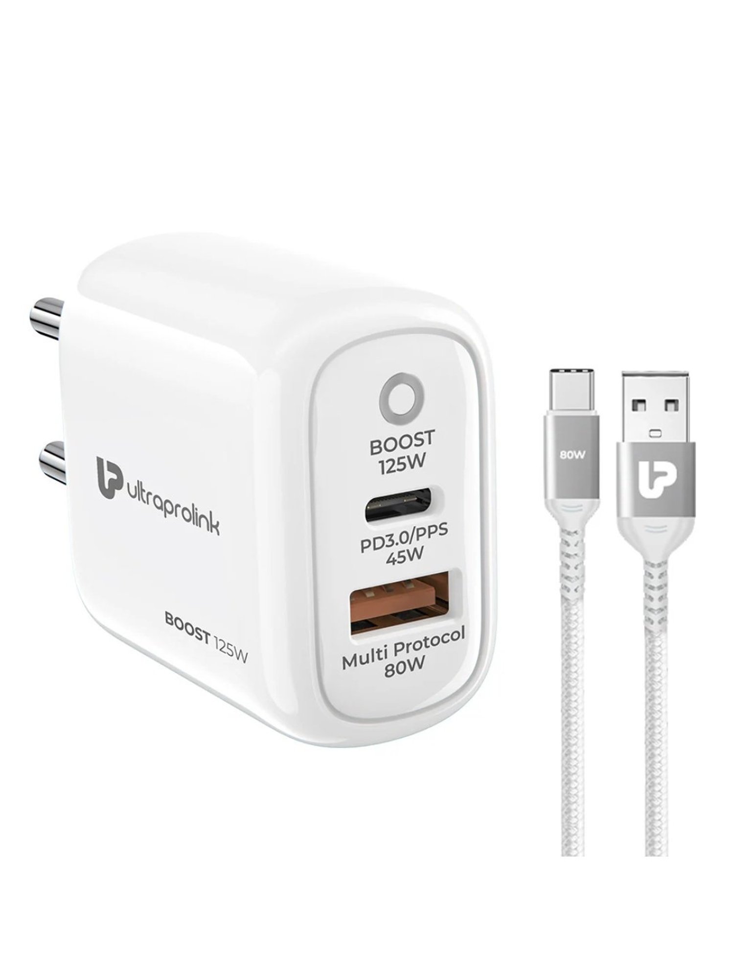UltraProlink 125W Dual USB Multi Protocol Fast Travel Charger with AC 1m Cable (White)