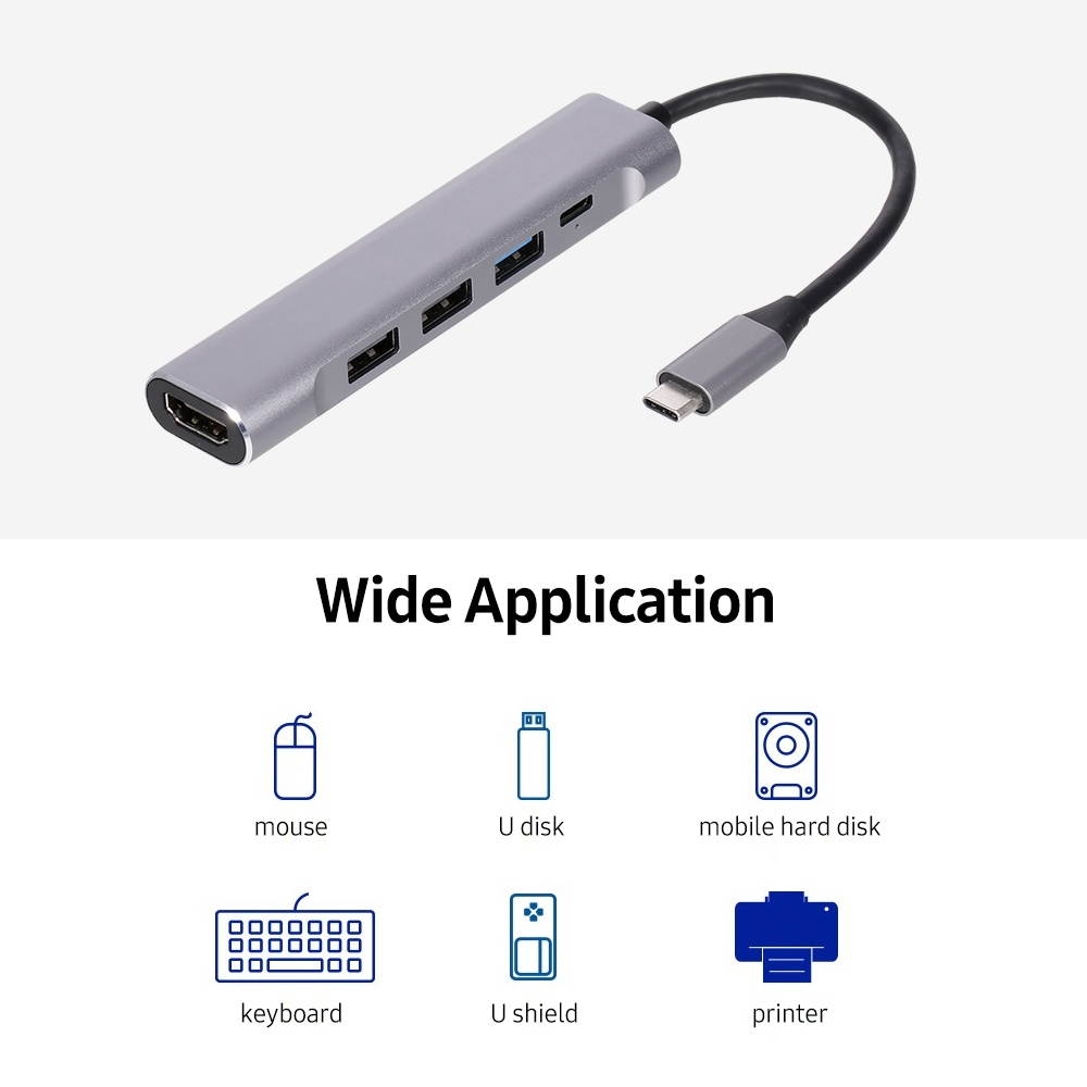 5-in-1 USB-C Hub USB3.0 USB2.0 Type-C to 4K HD Converter PD Quick Charge /Data Transfer USB Hub