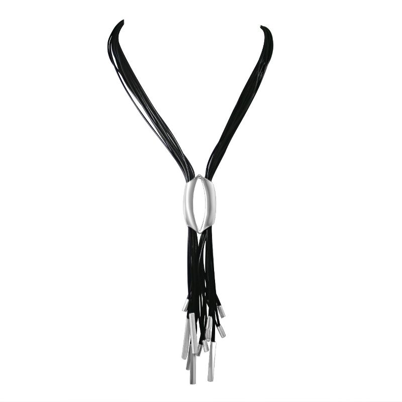 Zirconite Multi-Strand Leather with Center Polished Metal Tube Tassel Necklace - 36" - Black/Silver