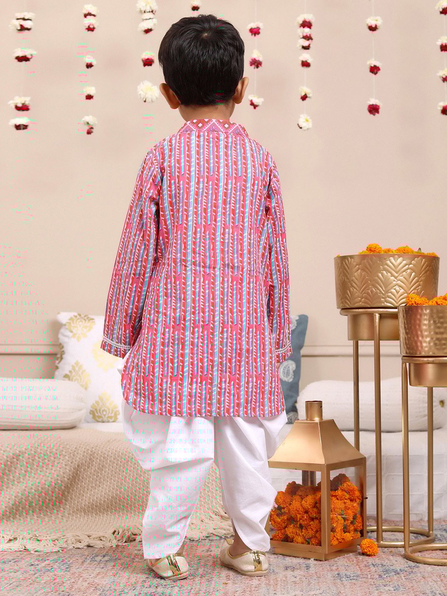 Budding Bees Boys Pink & White Printed Full Sleeves Kurta with Dhoti