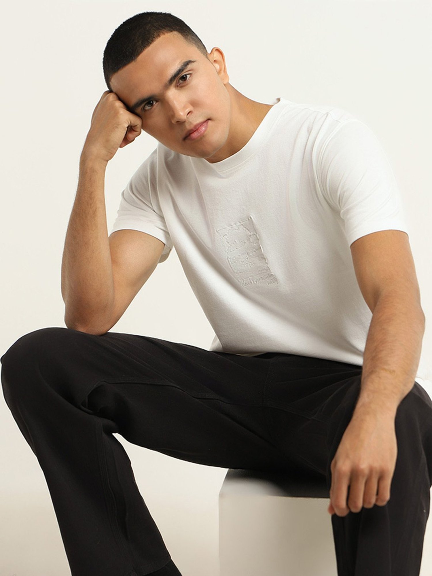 Nuon by Westside White Embroidered Slim Fit T-Shirt