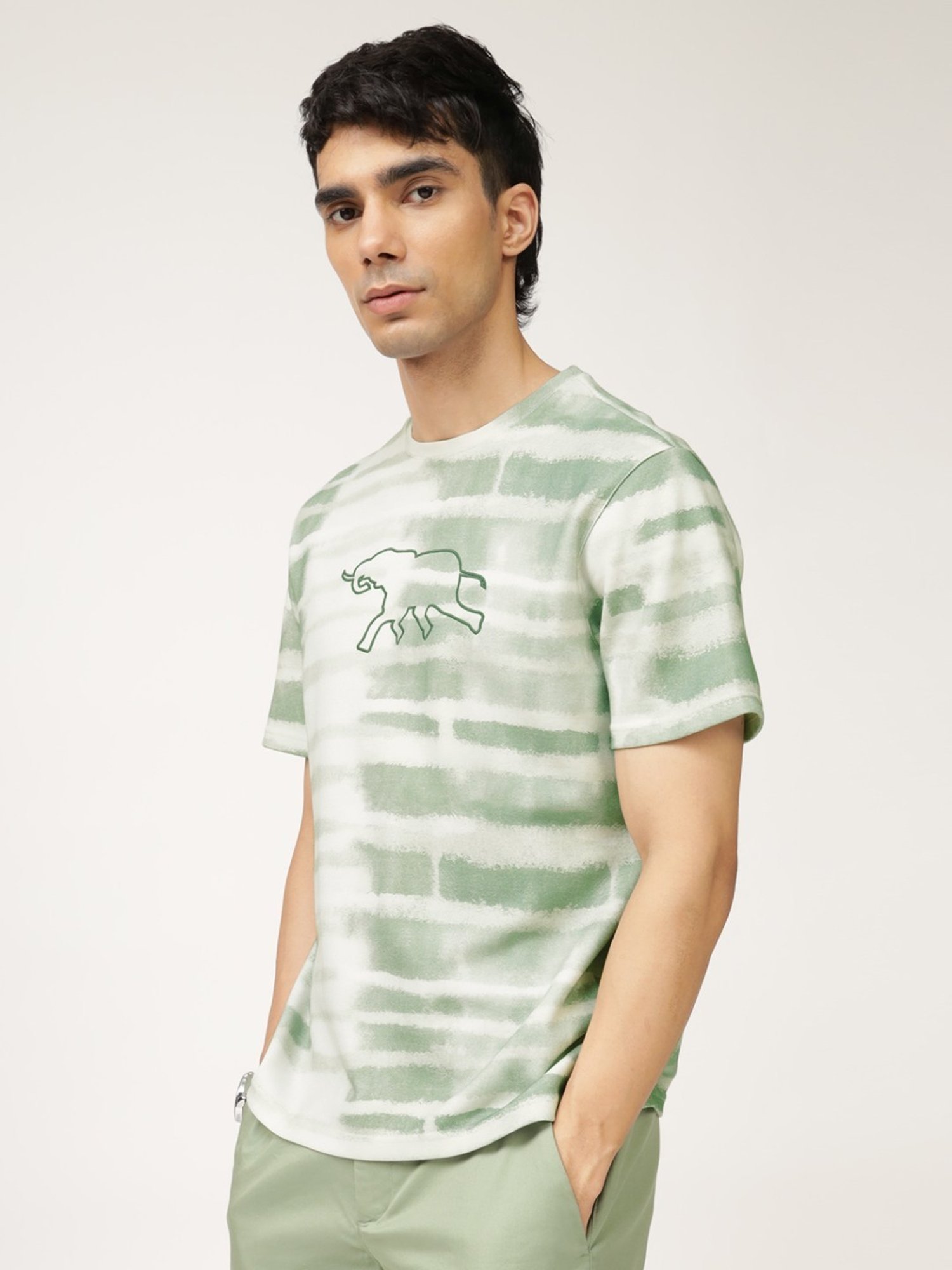 Andamen Green Cotton Regular Fit Printed T-Shirt