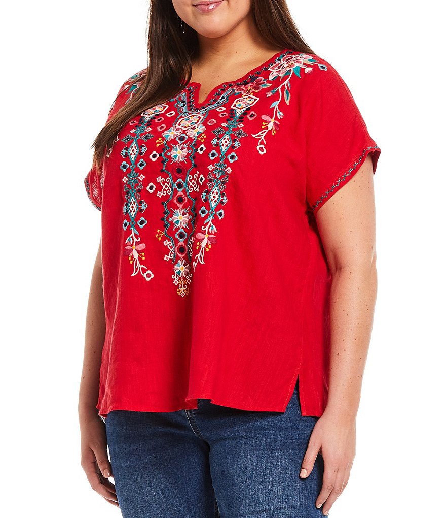 John Mark Plus Size Embroidered Dolman Short Sleeve Split Round Neck Linen Top