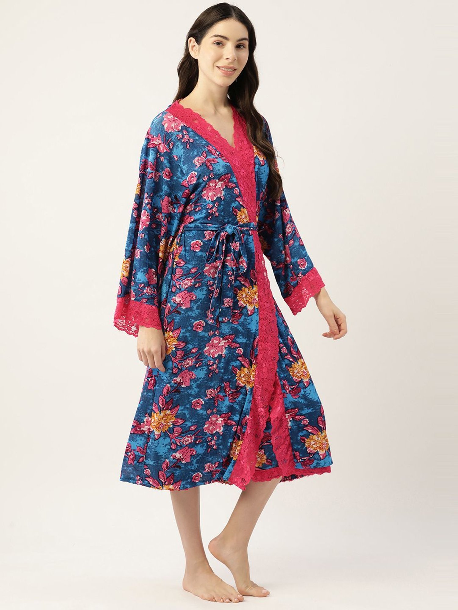Ms.Lingies Blue Printed Nightwear With Robe