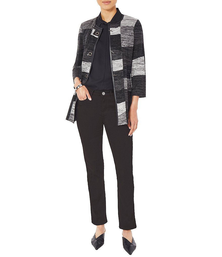 Ming Wang Melange Colorblock Knit Toggle Closure Round Jewel Neck 3/4 Sleeve Jacket