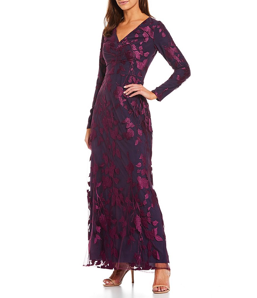 JS Collections Tersea V-Neck Floral Long Sleeve Embroidered A-Line Mesh Gown