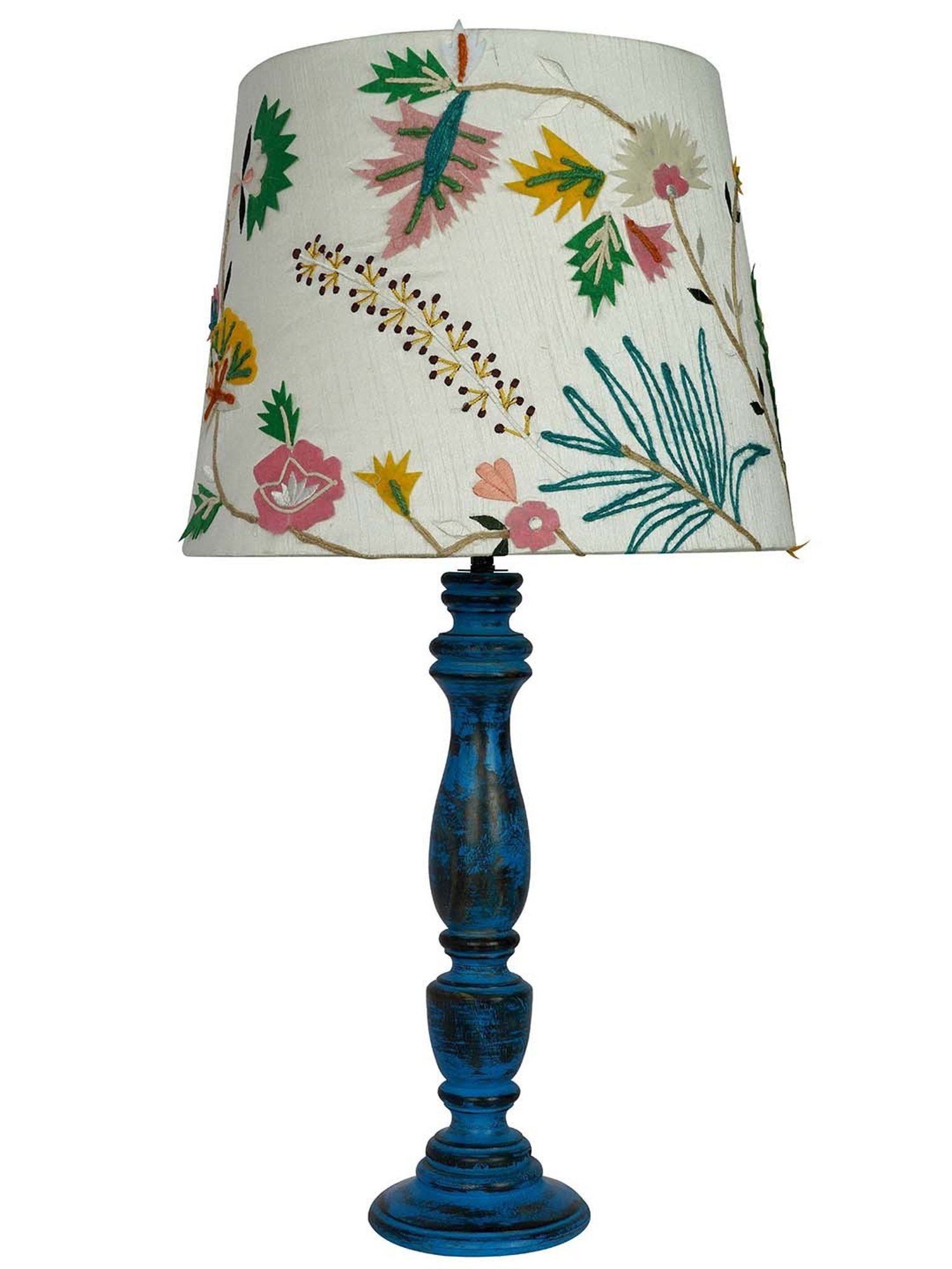 FOS LIGHTING Distressed White & Blue Wood Table Lamp With Fabric Shade